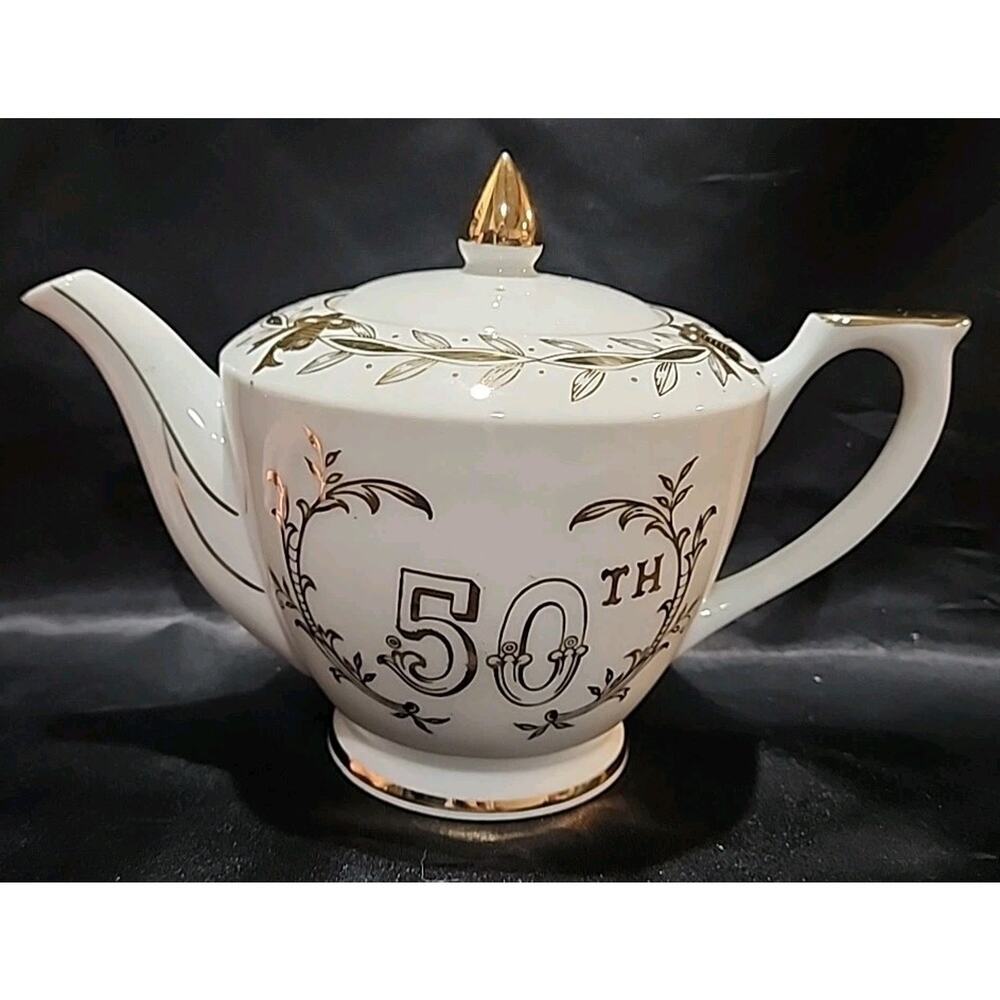 Vtg Lefton 7" ChinaTea Pot 50th Anniversary Hand Painted Gold Design 273N Japan